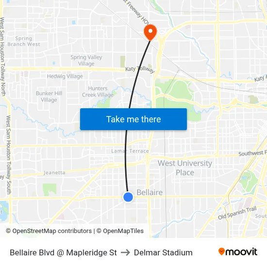 Bellaire Blvd @ Mapleridge St to Delmar Stadium map