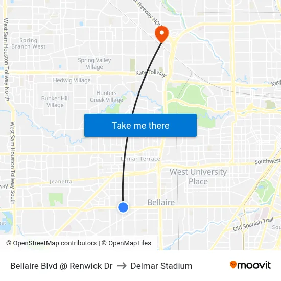 Bellaire Blvd @ Renwick Dr to Delmar Stadium map