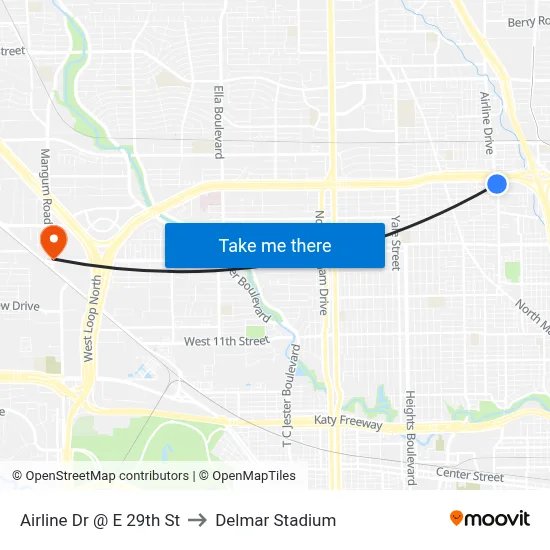 Airline Dr @ E 29th St to Delmar Stadium map