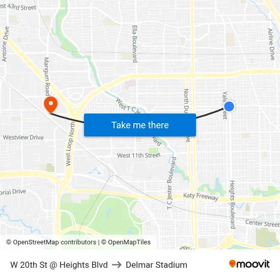W 20th St @ Heights Blvd to Delmar Stadium map