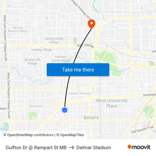 Gulfton Dr @ Rampart St MB to Delmar Stadium map
