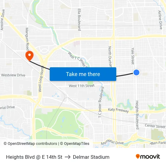 Heights Blvd @ E 14th St to Delmar Stadium map