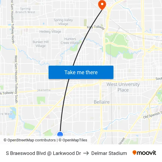 S Braeswood Blvd @ Larkwood Dr to Delmar Stadium map