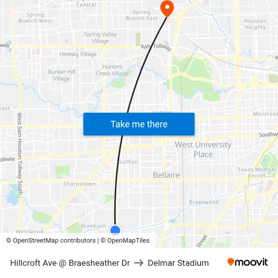 Hillcroft Ave @ Braesheather Dr to Delmar Stadium map
