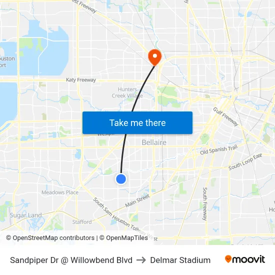Sandpiper Dr @ Willowbend Blvd to Delmar Stadium map