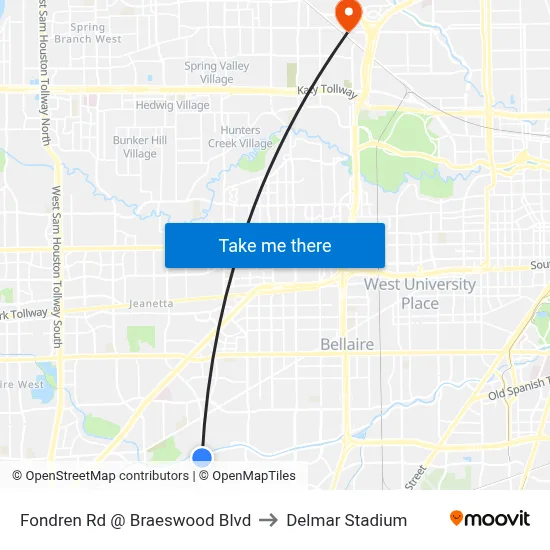 Fondren Rd @ Braeswood Blvd to Delmar Stadium map