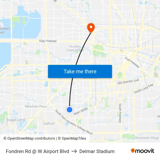 Fondren Rd @ W Airport Blvd to Delmar Stadium map