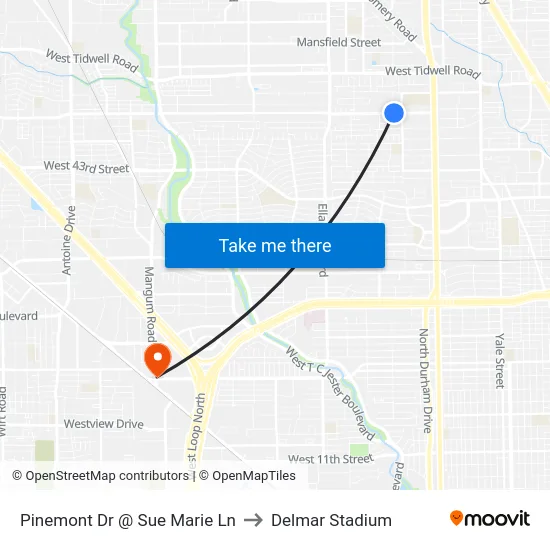Pinemont Dr @ Sue Marie Ln to Delmar Stadium map