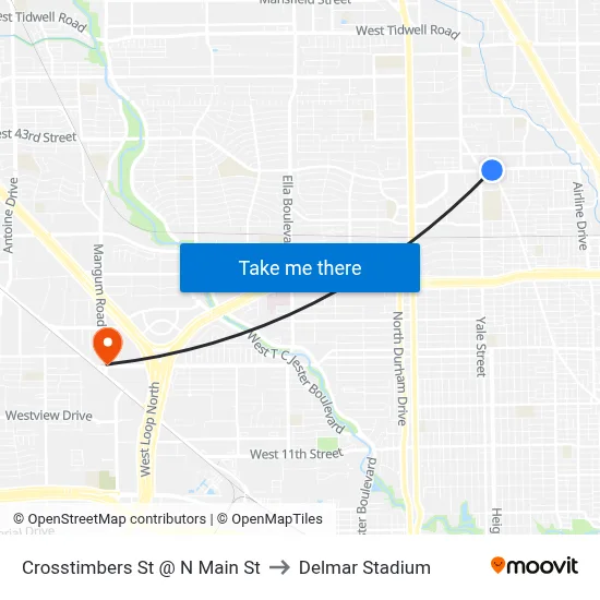 Crosstimbers St @ N Main St to Delmar Stadium map