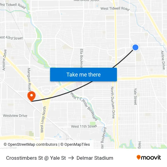 Crosstimbers St @ Yale St to Delmar Stadium map