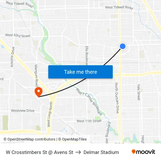 W Crosstimbers St @ Avens St to Delmar Stadium map