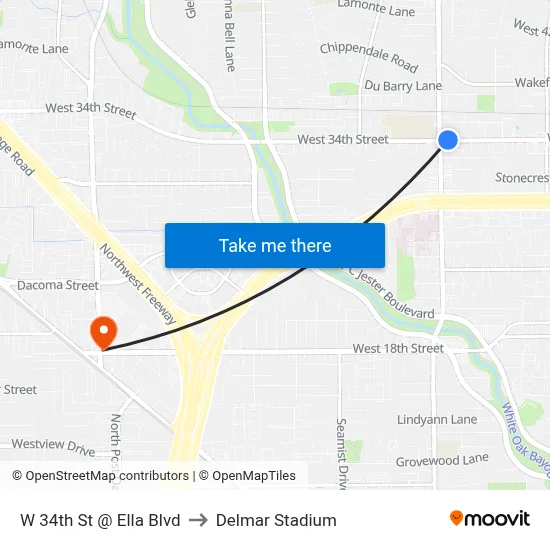 W 34th St @ Ella Blvd to Delmar Stadium map