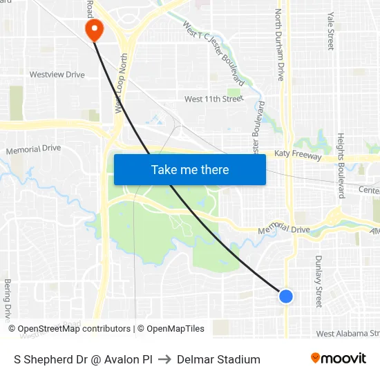 S Shepherd Dr @ Avalon Pl to Delmar Stadium map