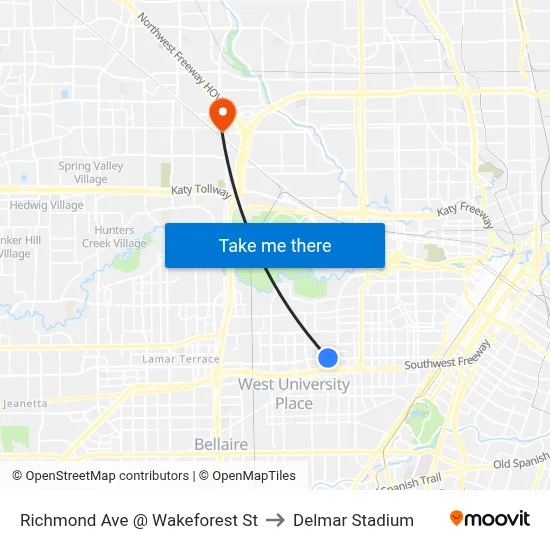 Richmond Ave @ Wakeforest St to Delmar Stadium map