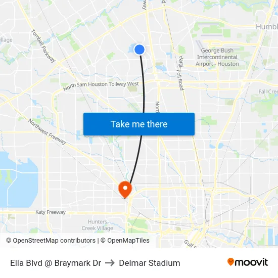 Ella Blvd @ Braymark Dr to Delmar Stadium map