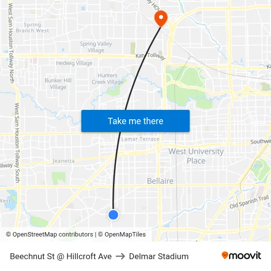 Beechnut St @ Hillcroft Ave to Delmar Stadium map