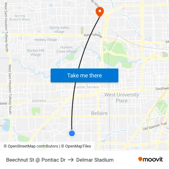 Beechnut St @ Pontiac Dr to Delmar Stadium map