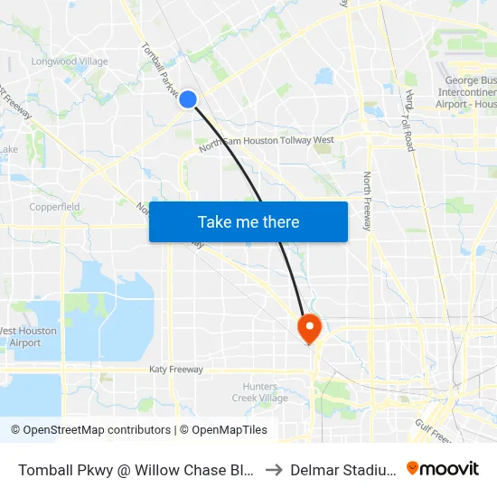 Tomball Pkwy @ Willow Chase Blvd to Delmar Stadium map