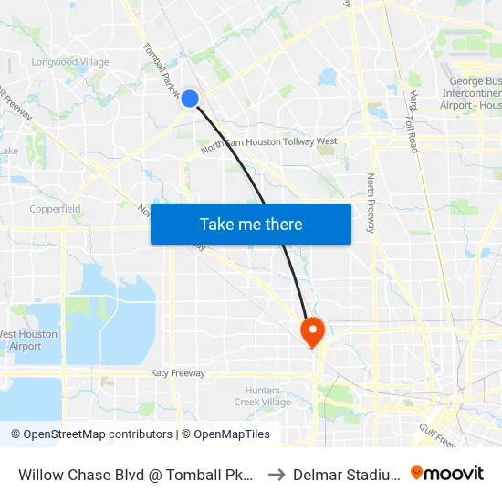 Willow Chase Blvd @ Tomball Pkwy to Delmar Stadium map
