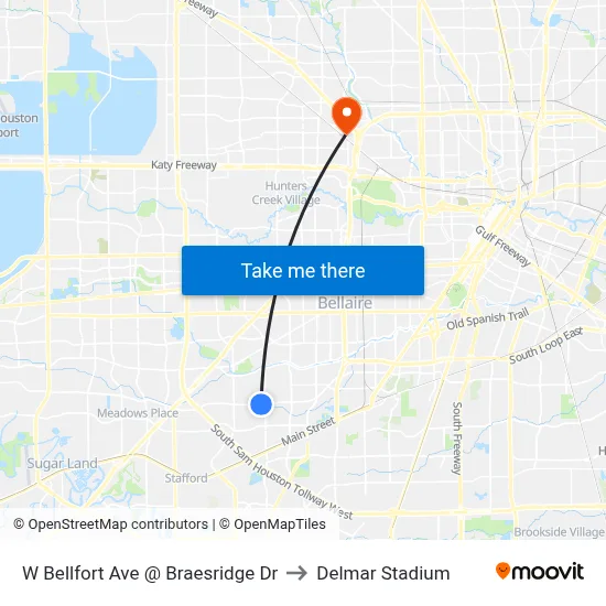 W Bellfort Ave @ Braesridge Dr to Delmar Stadium map
