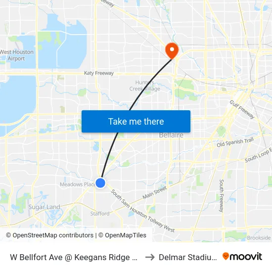 W Bellfort Ave @ Keegans Ridge Rd to Delmar Stadium map