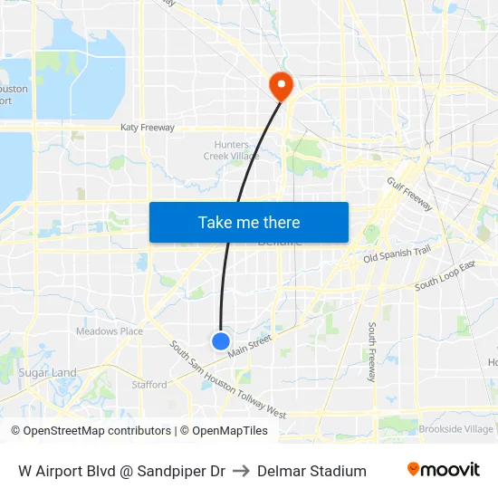 W Airport Blvd @ Sandpiper Dr to Delmar Stadium map