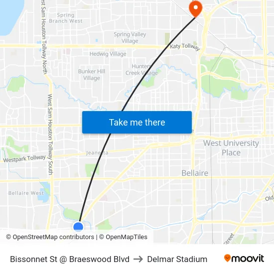 Bissonnet St @ Braeswood Blvd to Delmar Stadium map