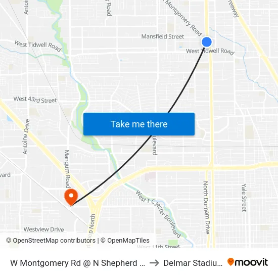 W Montgomery Rd @ N Shepherd Dr to Delmar Stadium map