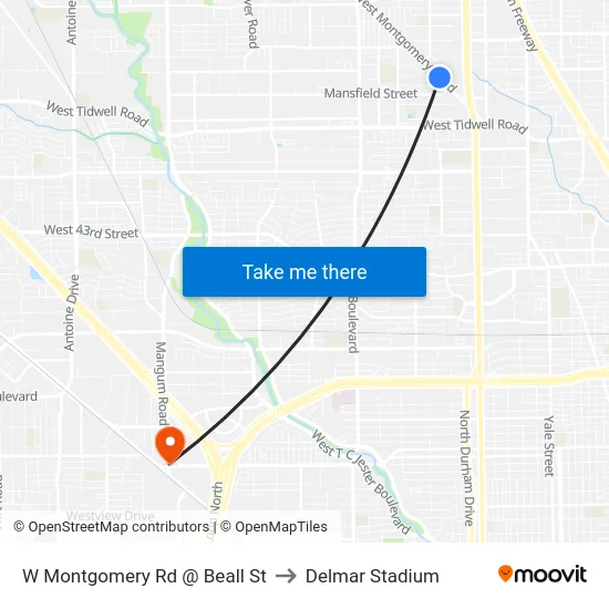 W Montgomery Rd @ Beall St to Delmar Stadium map
