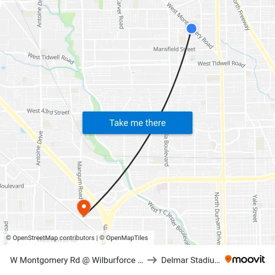 W Montgomery Rd @ Wilburforce St to Delmar Stadium map