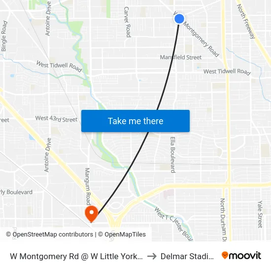 W Montgomery Rd @ W Little York Rd to Delmar Stadium map