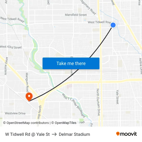 W Tidwell Rd @ Yale St to Delmar Stadium map