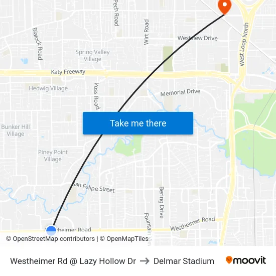 Westheimer Rd @ Lazy Hollow Dr to Delmar Stadium map