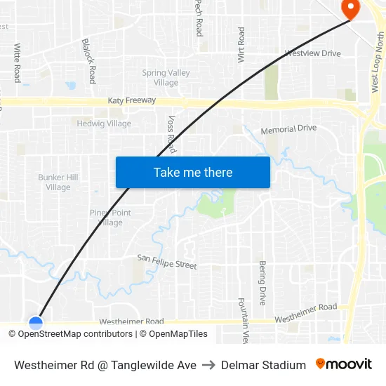Westheimer Rd @ Tanglewilde Ave to Delmar Stadium map