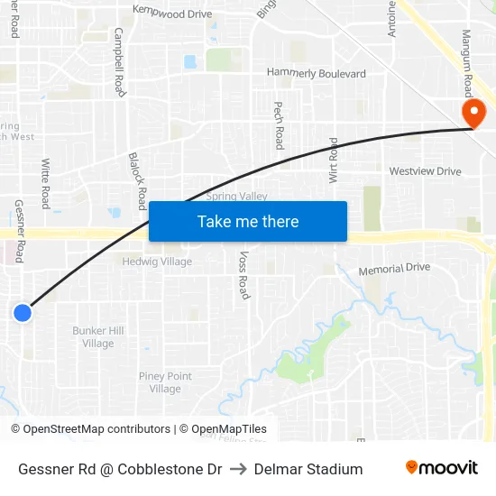 Gessner Rd @ Cobblestone Dr to Delmar Stadium map