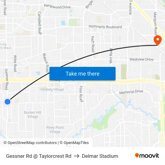 Gessner Rd @ Taylorcrest Rd to Delmar Stadium map