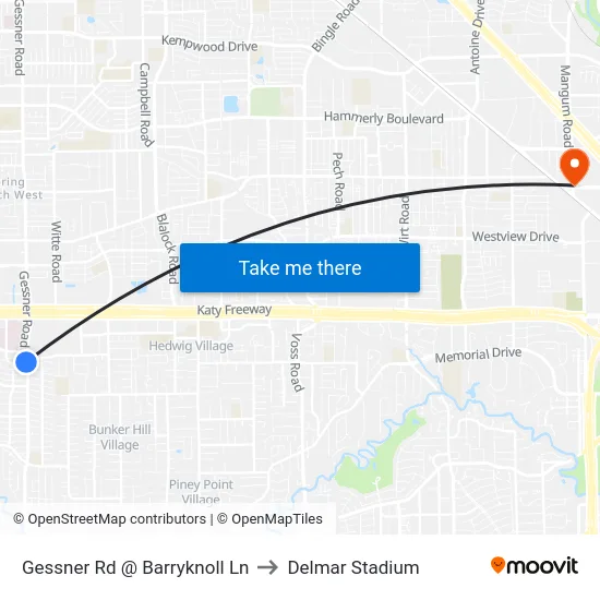 Gessner Rd @ Barryknoll Ln to Delmar Stadium map