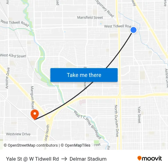 Yale St @ W Tidwell Rd to Delmar Stadium map
