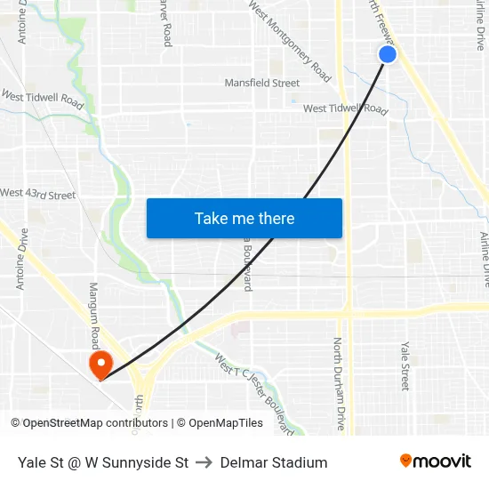 Yale St @ W Sunnyside St to Delmar Stadium map
