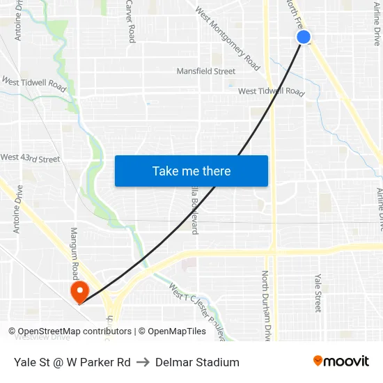 Yale St @ W Parker Rd to Delmar Stadium map