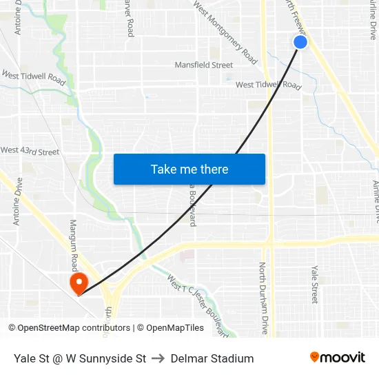 Yale St @ W Sunnyside St to Delmar Stadium map