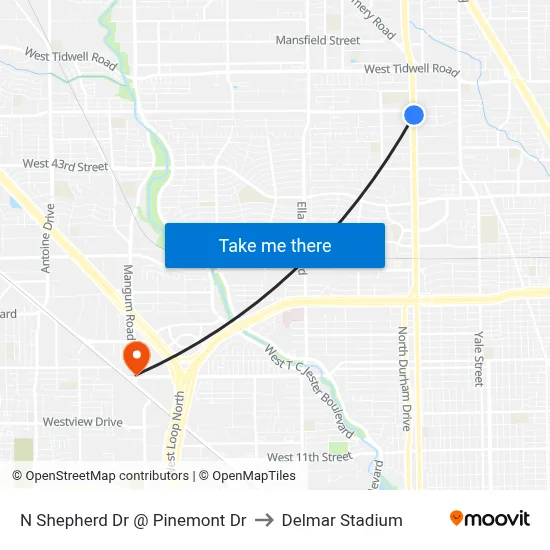 N Shepherd Dr @ Pinemont Dr to Delmar Stadium map