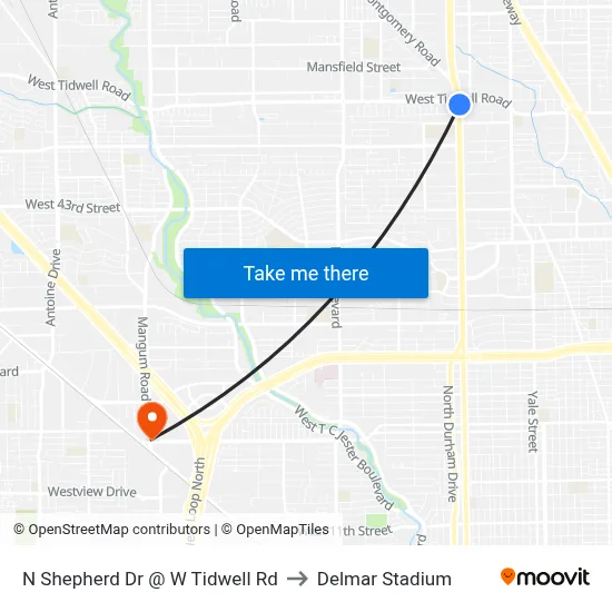 N Shepherd Dr @ W Tidwell Rd to Delmar Stadium map