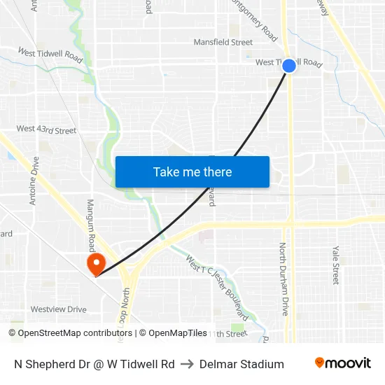 N Shepherd Dr @ W Tidwell Rd to Delmar Stadium map