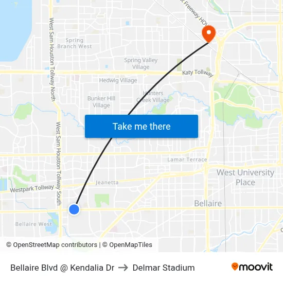 Bellaire Blvd @ Kendalia Dr to Delmar Stadium map