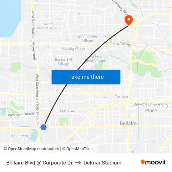 Bellaire Blvd @ Corporate Dr to Delmar Stadium map