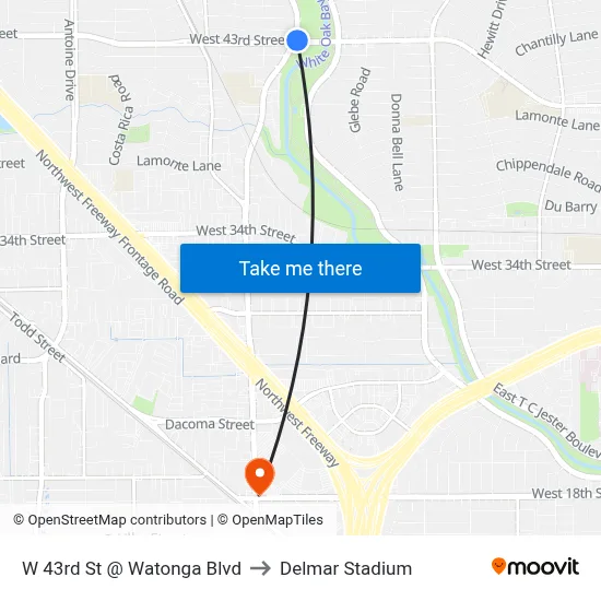 W 43rd St @ Watonga Blvd to Delmar Stadium map