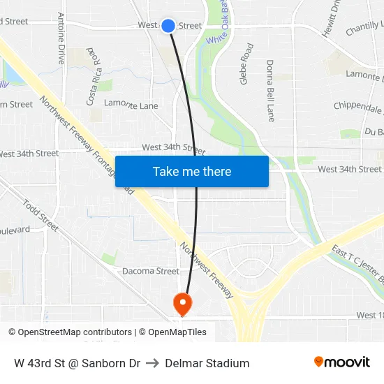 W 43rd St @ Sanborn Dr to Delmar Stadium map