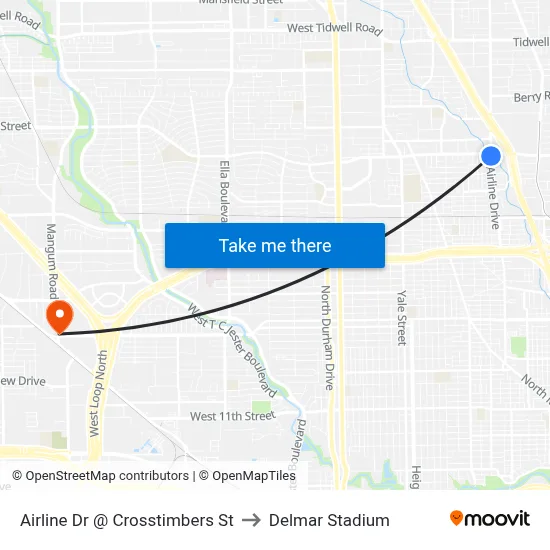 Airline Dr @ Crosstimbers St to Delmar Stadium map