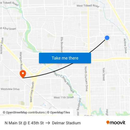 N Main St @ E 45th St to Delmar Stadium map